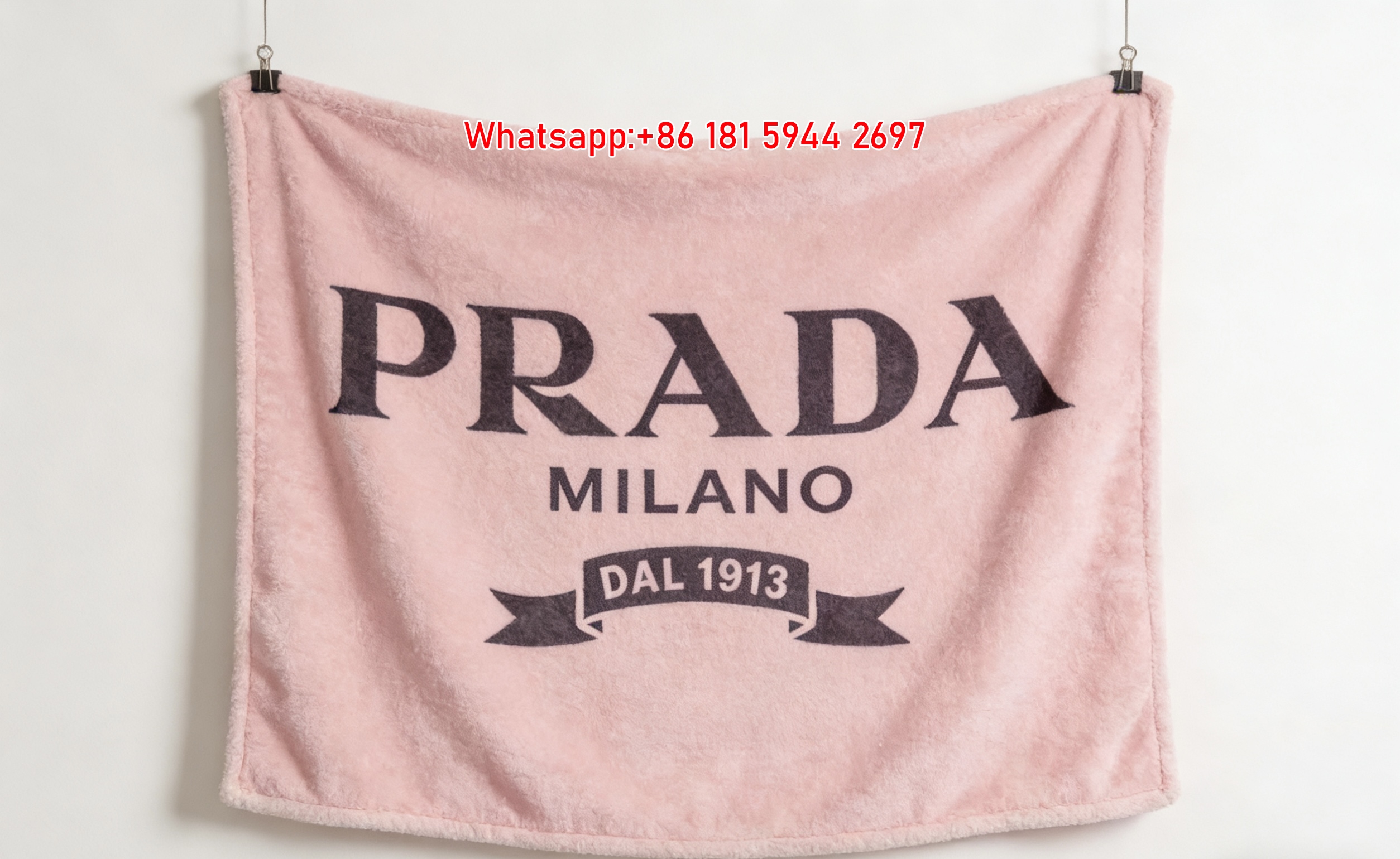Prada Blush Pink Prada 1913 Ribbon Emblem Printed Flannel Throw Blanket IMG_2756